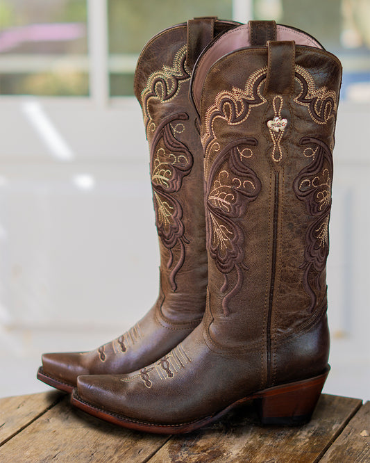 Bota vaquera de mujer chocolate bordado mariposa